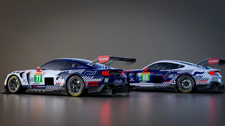 Two Ford Mustang GT3 race cars, left-side view