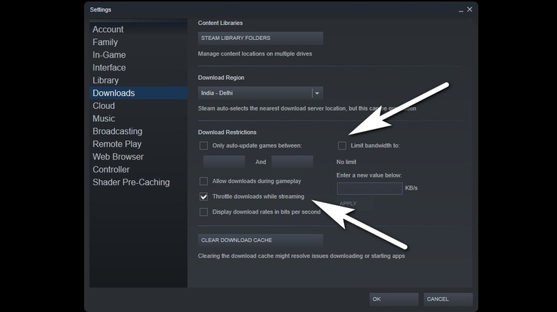 Steam settings bandwidth controls