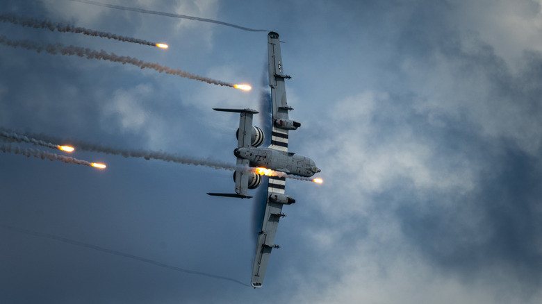 A-10 Warthog releases flares at an Air Show
