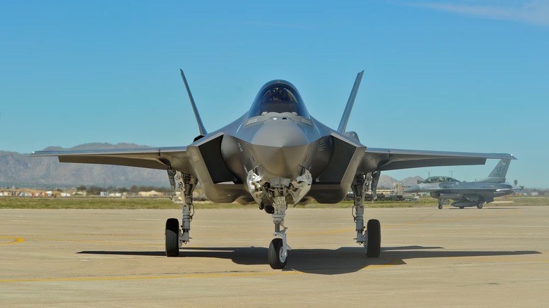 An F-35 stands on the runway