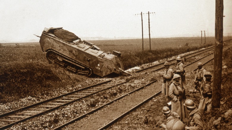 Saint-Chamond stuck on railroad tracks