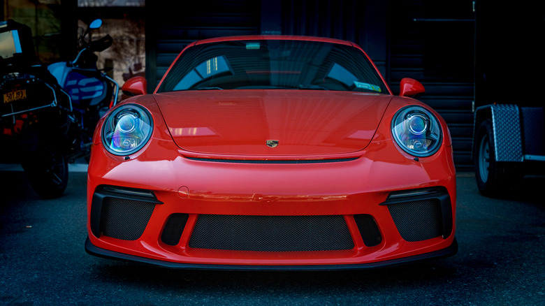 Front-end shot of a red 911 GT3