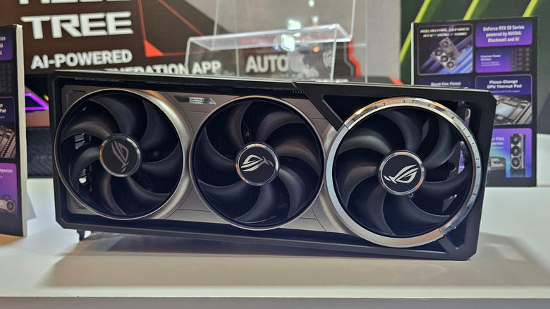 Close-up photo of a three-fan Nvidia RTX 50-series GPU