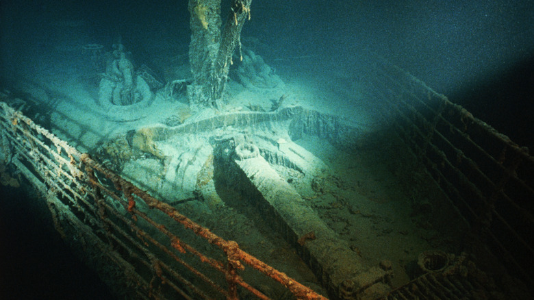 Titanic bow being highlighted by a light