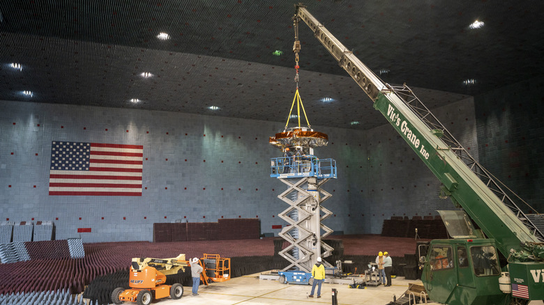 The Navigation Technology Satellite-3 is staged inside The Benefield Anechoic Facility at Edwards Air Force Base.