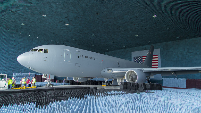 A Boeing KC-46 Pegasus is loaded on the rotating platform at the Benefield Anechoic Facility for a series of avionics tests at Edwards Air Force Base.