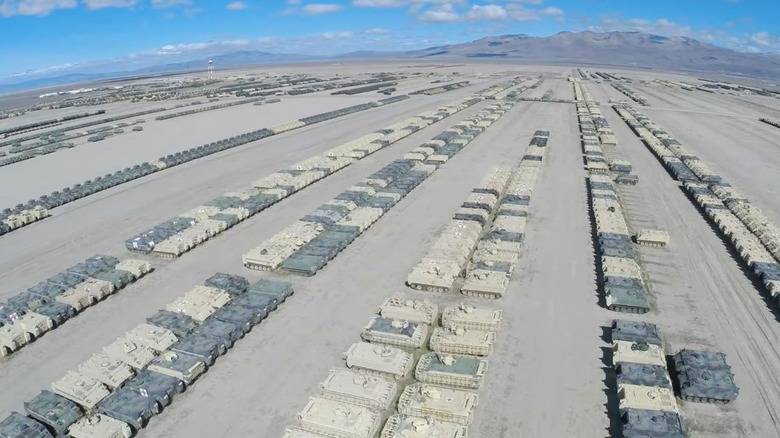 Photo showing the vast expanse in the Mojave Desert where tanks are parked on the Sierra Army Depot.