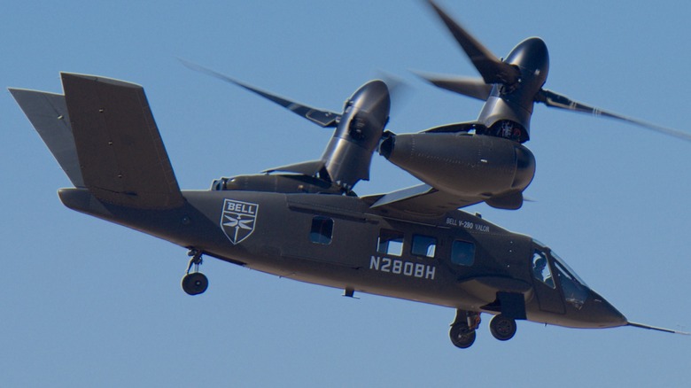 A V-280 in flight with rotors tilted to hover configuration