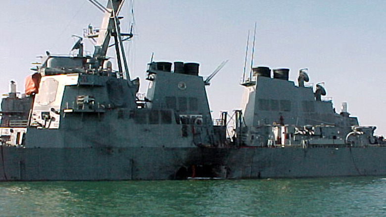 USS Cole after terrorist attack hull explosion in Yemen