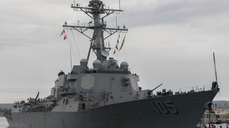 An Arleigh Burke class destroyer on the water.