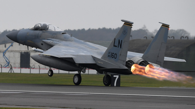 F-15 Eagle taking off with its afterburners lit