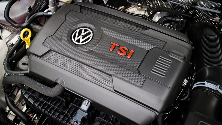 A close-up of a Volkswagen EA888 engine with its engine cover on.