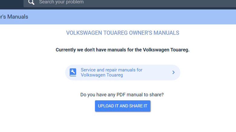 An empty owner's manual page for the Volkswagen Touareg from StartMyCar.com