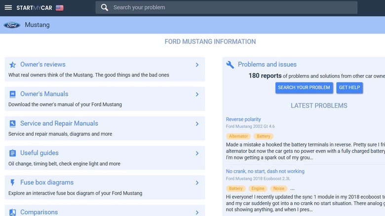 The main Ford Mustang webpage from StartMyCar.com