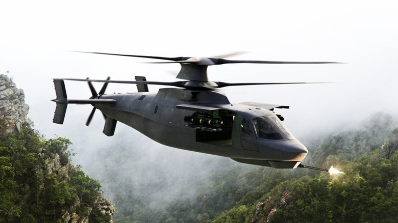 An artist's rendering of the S-97 Raider X engaged in combat