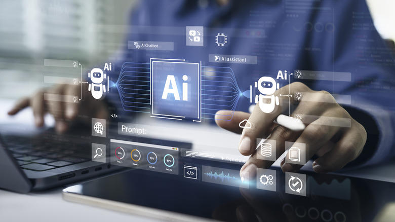 A man using a laptop and a tablet with a digitally-created image of AI assistants floating above it