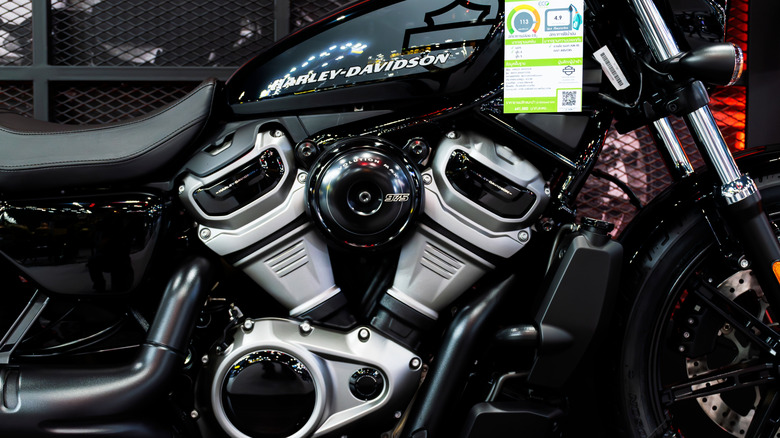 A Harley Davidson Nightster with a close up of its engine