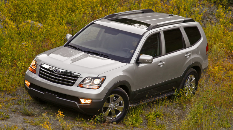 A silver 2009 Kia Borrego parked in grass and weeds.