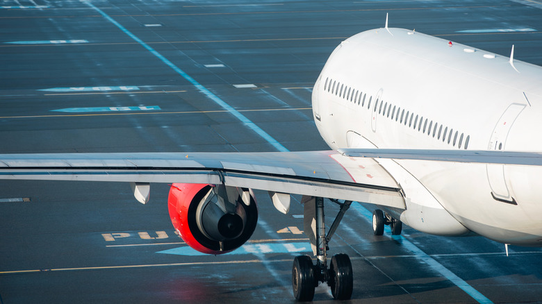 Back view of aircraft on airport runway.