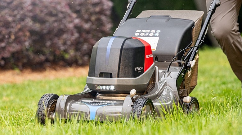 A person using a Honda HRX with NeXite deck to cut a lawn