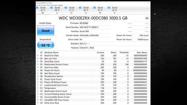 CystalDiskInfo showing SSD health