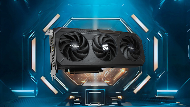 Gigabyte's RX 9060 XT 16 GB graphics card over a sci-fi background