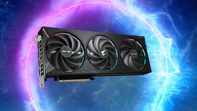 Nvidia RTX 5060 Ti graphics card, made by Gigabyte, over a pink, blue, and purple background