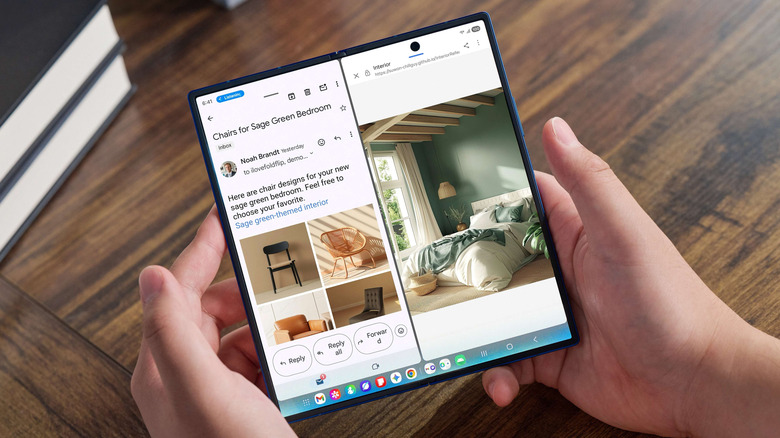 A Samsung Flip open being held in two hands as someone browses the web, showing Android UI.