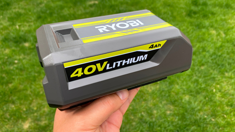 A top side view of a rechargeable Ryobi 40V 4.0 Ah Lithium-Ion Battery