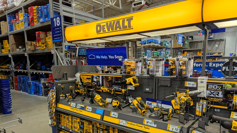 A DeWalt product display in a hardware store