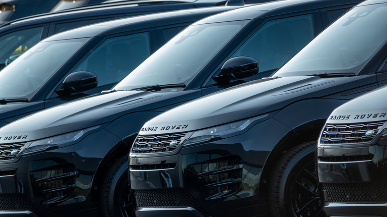 Brand new Range Rovers outside a dealership