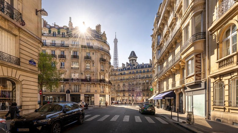 View of Paris street with Eiffel Tower in background