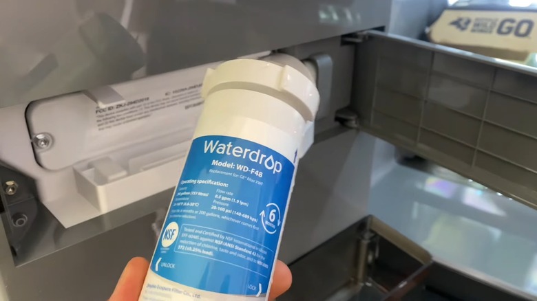 A person holding a non-official water filter in front of a name brand fridge