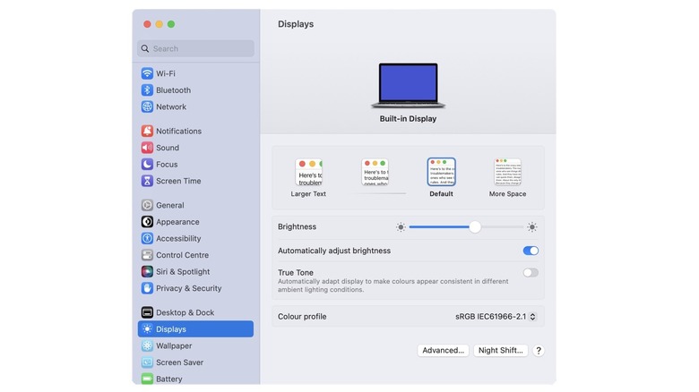 True Tone settings on MacBook