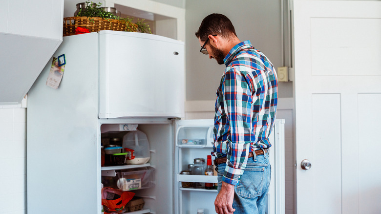 Person standing in front of a refrigerator with the door open looking at the items kept inside