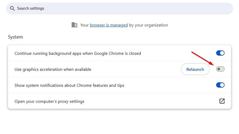 The "Use graphics acceleration when available" toggle in Google Chrome.