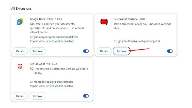The "Remove" button in the Chrome Extensions page.