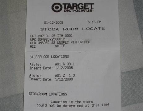 Target receipt with Wii color detail
