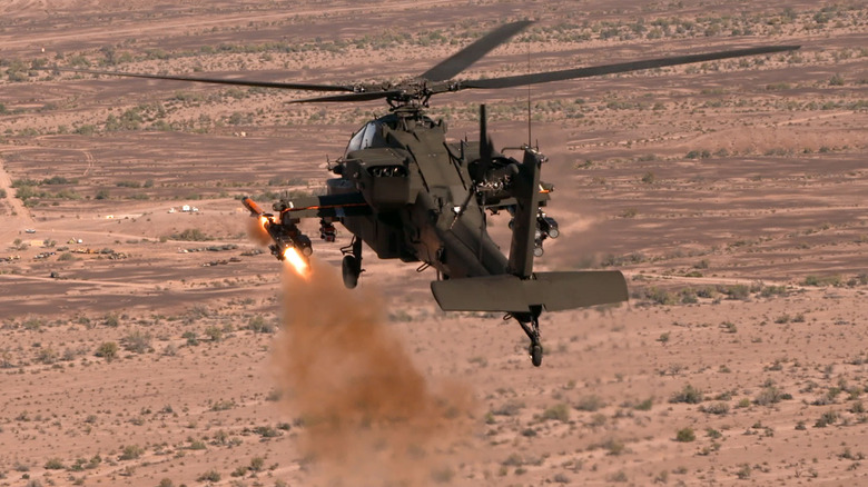 An Apache helicopter as part of the Anduril Launched Effects program mid-flight