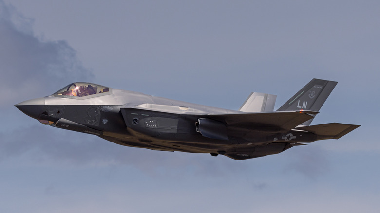 An F-35 Lightning II fighter in flight, side view, overcast sky