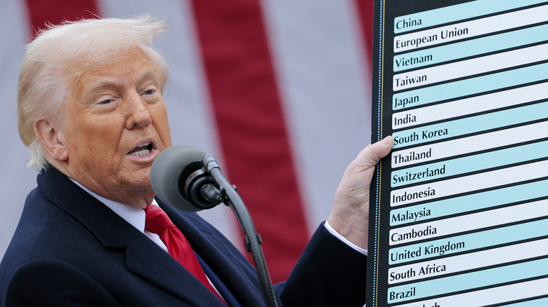 Donald Trump holds up trade announcement chart.