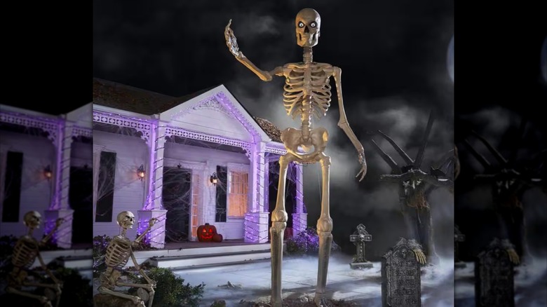 Home Depot skeleton in front of house decorated for Halloween