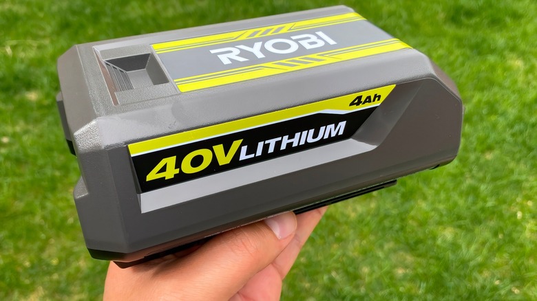 Ryobi 40V Lithium battery held in hand