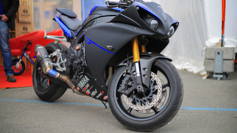 View from the front end of a Yamaha YZF-R1 motorcycle