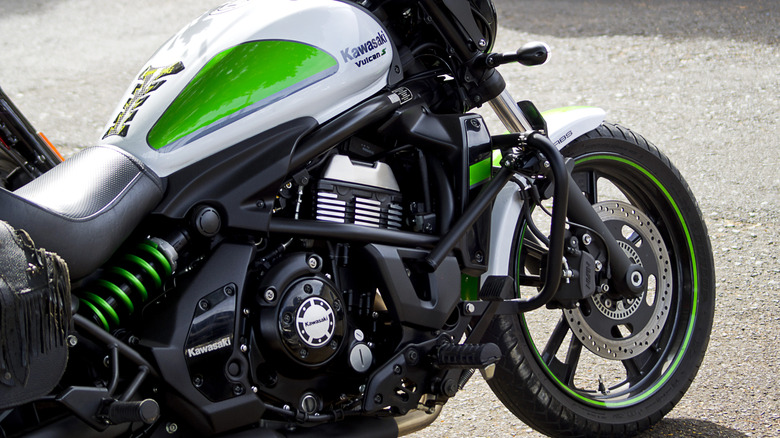 Close-up of the front end of a Kawasaki Vulcan S motorcycle