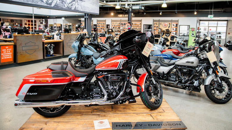 Harley-Davidson bikes in a store.