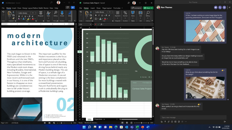 Three applications open side by side in Windows 11