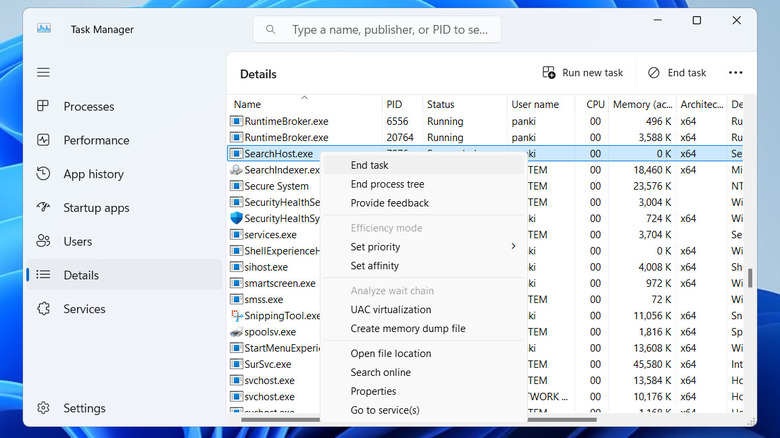 ending SearchHost service via Task Manager