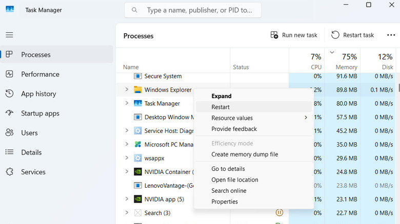 Restart Windows Explorer process in Task Manager