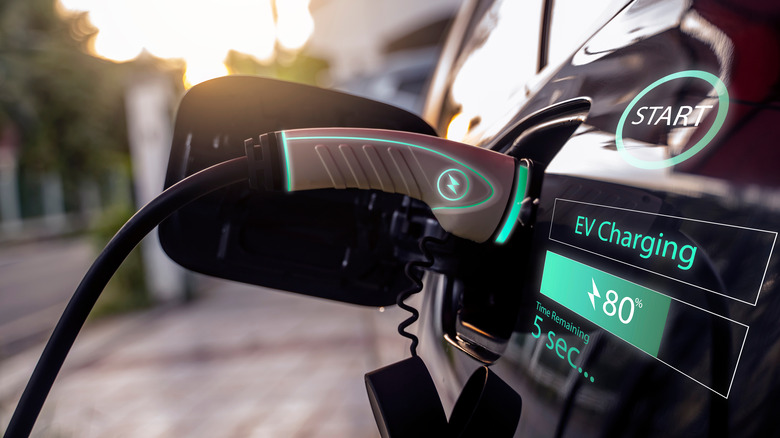 An EV connected to a charger 